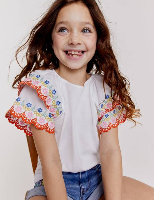 Boden vêtements blanc bébé t-shirt à broderies mélangées LB2X3329