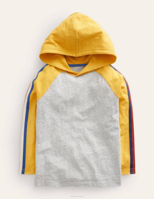 Boden vêtements gris chiné/jaune nid d'abeille bébé t-shirt raglan à capuche LB2X427