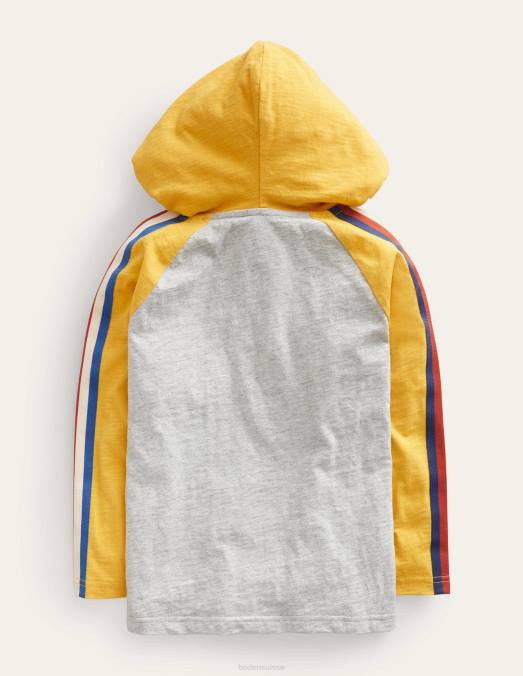 Boden vêtements gris chiné/jaune nid d'abeille bébé t-shirt raglan à capuche LB2X427