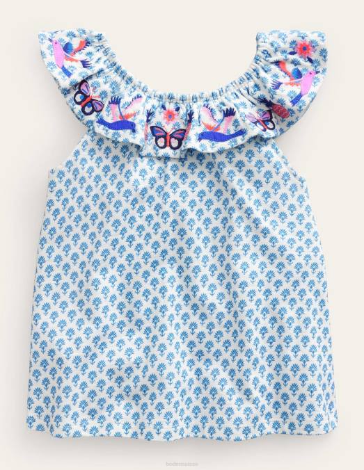 Boden vêtements papillons bleus sur bois bébé haut brodé à volants LB2X410