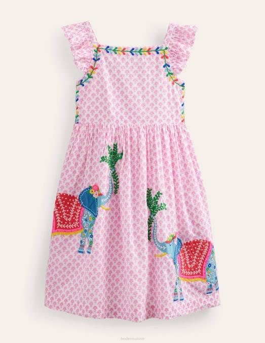 Boden vêtements bloc de bois de fleur de prunier bébé robe tissée à appliques LB2X367