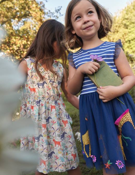 Boden vêtements rayure saphir et vanille bébé robe à appliqués en tulle mélangé LB2X370