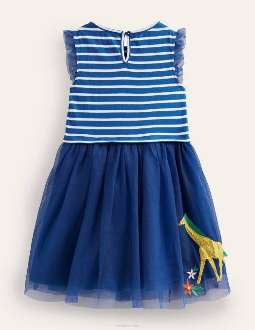Boden vêtements rayure saphir et vanille bébé robe à appliqués en tulle mélangé LB2X370