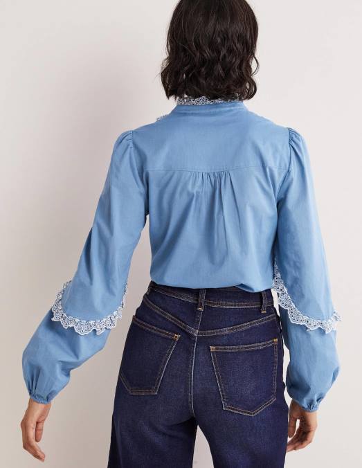 Boden vêtements Bleu Riviera femmes blouse brodée à manches volantées LB2X1889