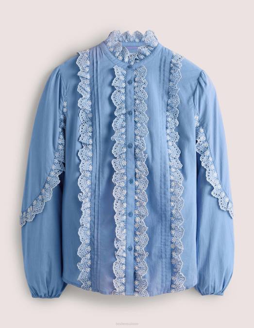 Boden vêtements Bleu Riviera femmes blouse brodée à manches volantées LB2X1889