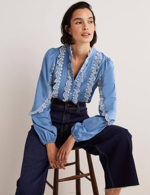 Boden vêtements Bleu Riviera femmes blouse brodée à manches volantées LB2X1889