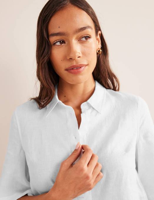 Boden vêtements blanc femmes chemise en lin à manches courtes LB2X2566