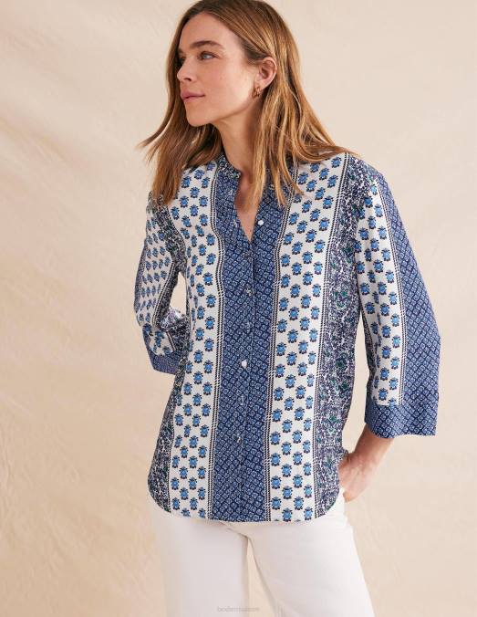 Boden vêtements bleu de Prusse et fleuron délicat femmes blouse décontractée à manches larges LB2X1115