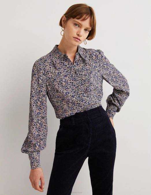 Boden vêtements bleu persan et grappe de feuilles femmes chemise ajustée à pinces LB2X2538