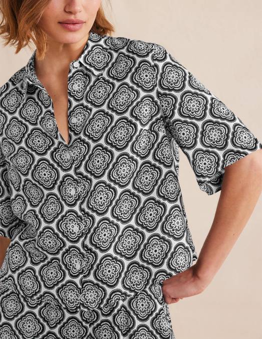 Boden vêtements blush noir et botanique femmes chemise en lin à manches courtes LB2X1101