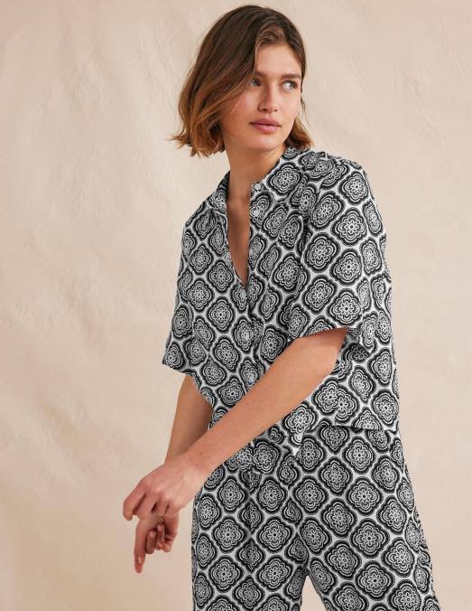 Boden vêtements blush noir et botanique femmes chemise en lin à manches courtes LB2X1101