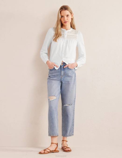 Boden vêtements broderie ivoire et or femmes chemise brodée à empiècement smocké LB2X1275