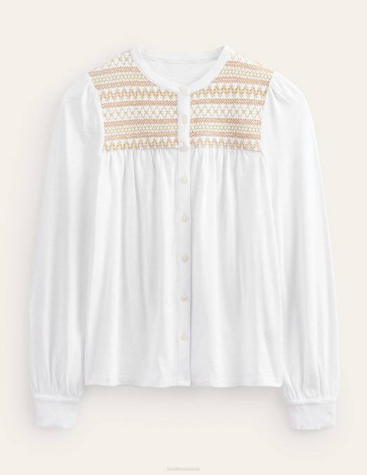 Boden vêtements broderie ivoire et or femmes chemise brodée à empiècement smocké LB2X1275