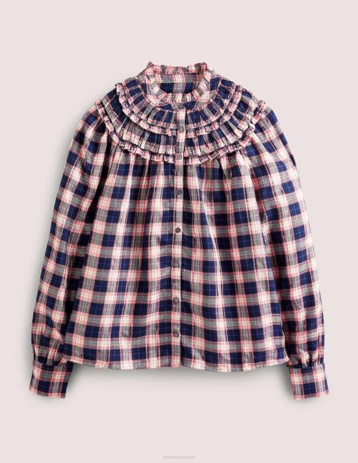 Boden vêtements carreaux lurex marine et cuivre femmes chemise à col montant et volants LB2X1959