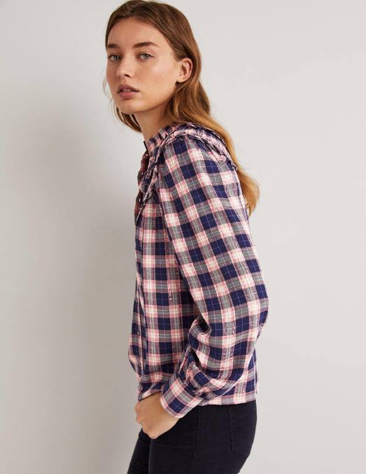 Boden vêtements carreaux lurex marine et cuivre femmes chemise à col montant et volants LB2X1959
