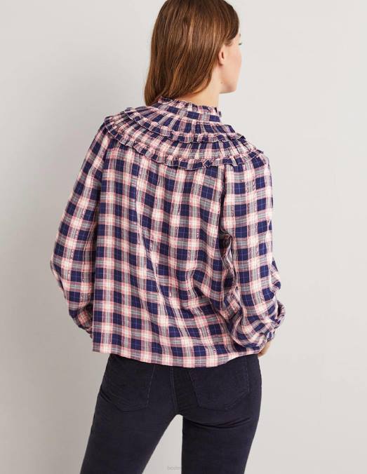 Boden vêtements carreaux lurex marine et cuivre femmes chemise à col montant et volants LB2X1959