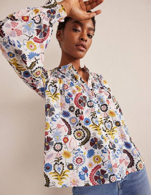 Boden vêtements charme ivoire et tropique femmes blouse en coton à empiècement smocké LB2X1871
