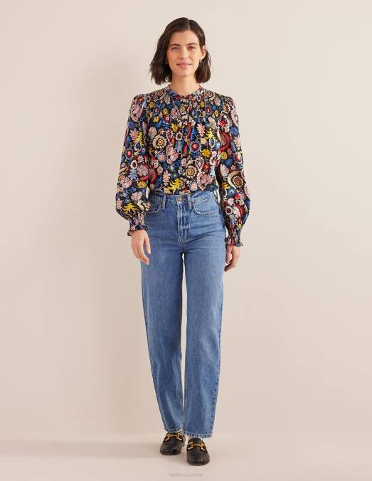 Boden vêtements charme multi & tropique femmes blouse en coton à empiècement smocké LB2X1413