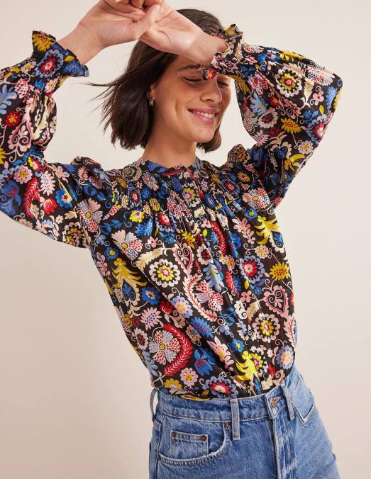 Boden vêtements charme multi & tropique femmes blouse en coton à empiècement smocké LB2X1413