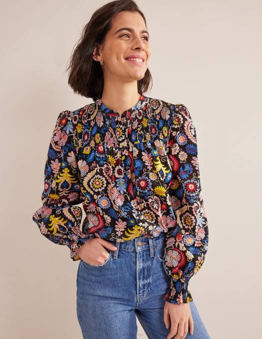 Boden vêtements charme multi & tropique femmes blouse en coton à empiècement smocké LB2X1413