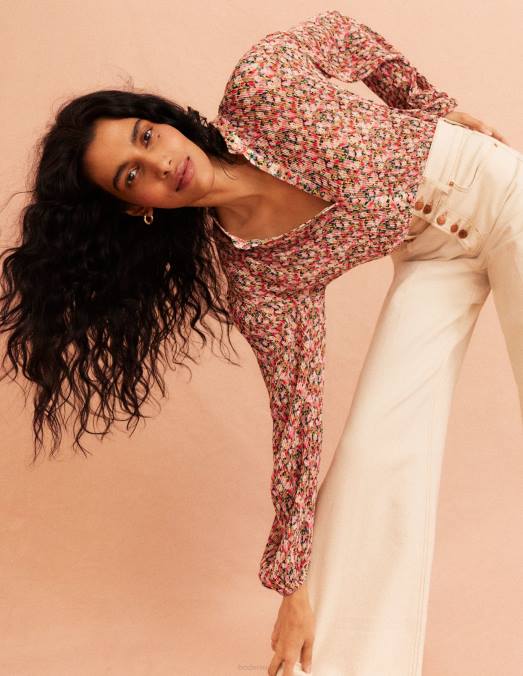 Boden vêtements fleuron multicolore et pictural femmes blouse plissée LB2X1926