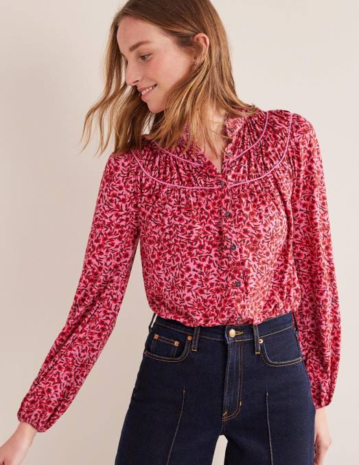 Boden vêtements gin fizz et vigne abstraite femmes chemise en jersey à empiècement froncé LB2X1446