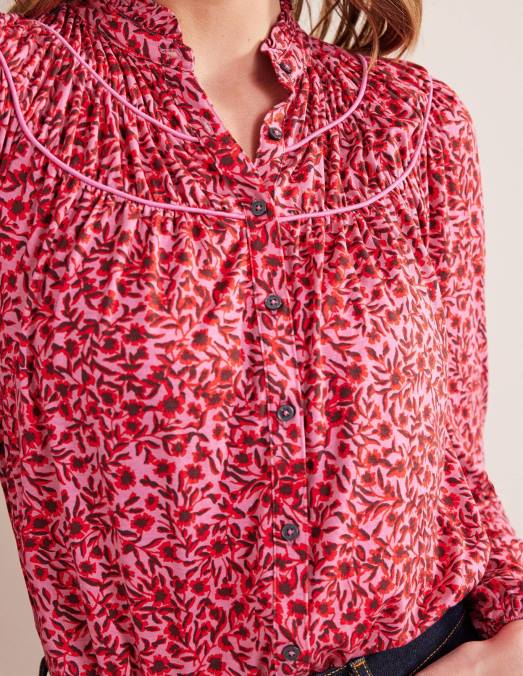 Boden vêtements gin fizz et vigne abstraite femmes chemise en jersey à empiècement froncé LB2X1446