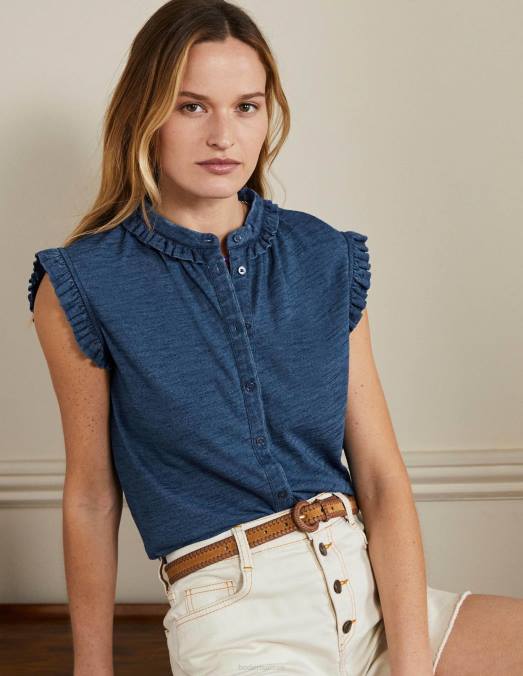 Boden vêtements indigo moyen femmes chemise sans manches à volants Daphné LB2X2402