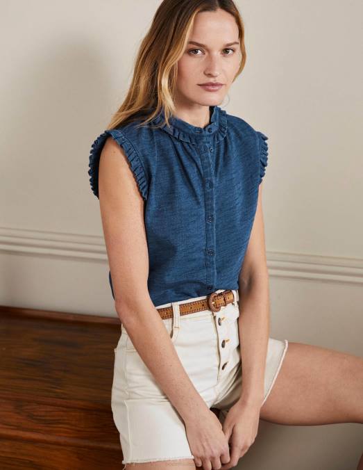 Boden vêtements indigo moyen femmes chemise sans manches à volants Daphné LB2X2402