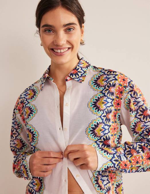 Boden vêtements ivoire et fleurette femmes chemise longue de vacances LB2X1496