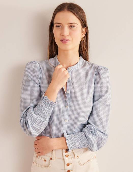 Boden vêtements micro vichy blizzard bleu femmes chemise à poignets smockés LB2X2171
