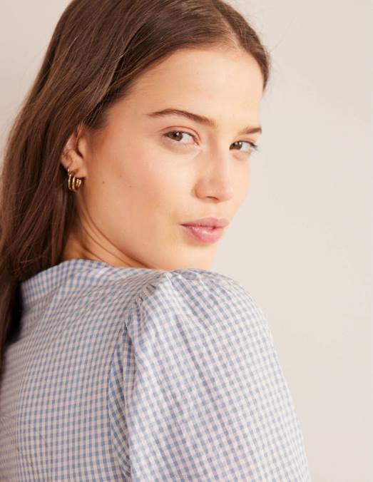 Boden vêtements micro vichy blizzard bleu femmes chemise à poignets smockés LB2X2171