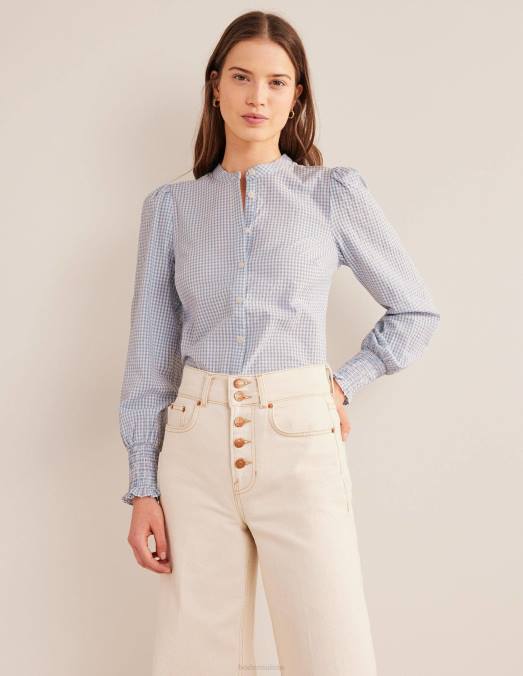 Boden vêtements micro vichy blizzard bleu femmes chemise à poignets smockés LB2X2171