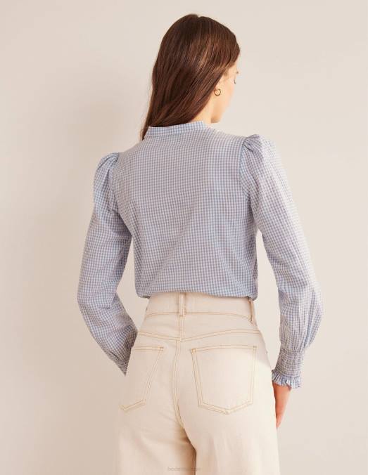 Boden vêtements micro vichy blizzard bleu femmes chemise à poignets smockés LB2X2171