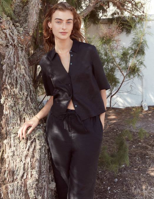 Boden vêtements noir femmes chemise en lin à manches courtes LB2X2510