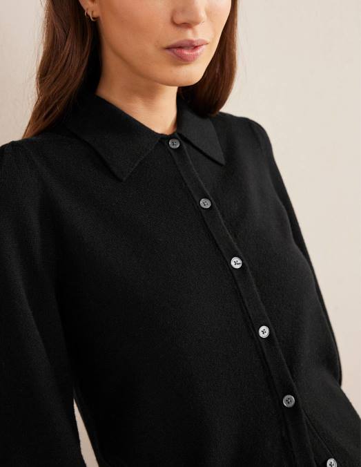 Boden vêtements noir femmes chemise à revers en laine mérinos LB2X1753