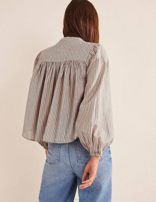 Boden vêtements rayure scintillante rose et verte femmes blouse paysanne à coupe circulaire LB2X1010