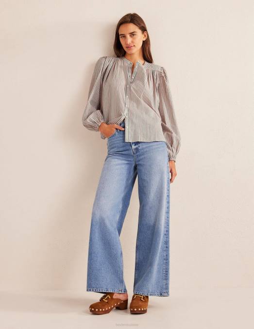 Boden vêtements rayure scintillante rose et verte femmes blouse paysanne à coupe circulaire LB2X1010