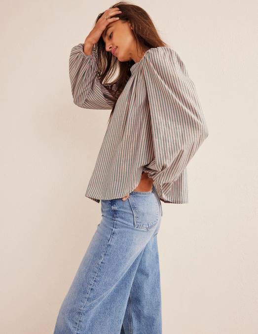 Boden vêtements rayure scintillante rose et verte femmes blouse paysanne à coupe circulaire LB2X1010