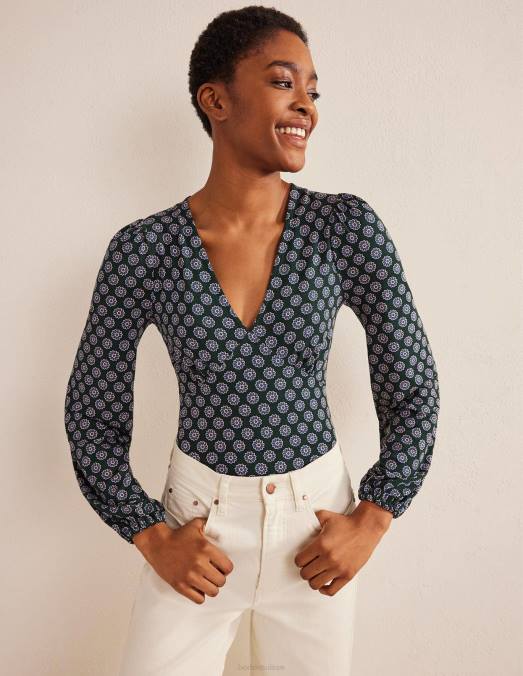 Boden vêtements Chatsworth vert et tournesol femmes haut imprimé à col en V LB2X1525