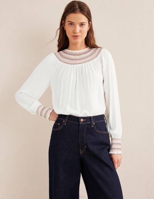Boden vêtements Ivoire femmes haut smocké à col rond LB2X1406