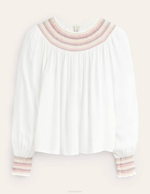 Boden vêtements Ivoire femmes haut smocké à col rond LB2X1406