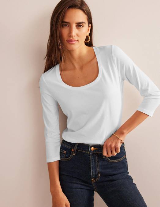 Boden vêtements blanc femmes Haut à manches 3/4 et encolure dégagée LB2X186