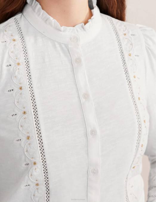 Boden vêtements blanc femmes chemise en jersey brodé LB2X596