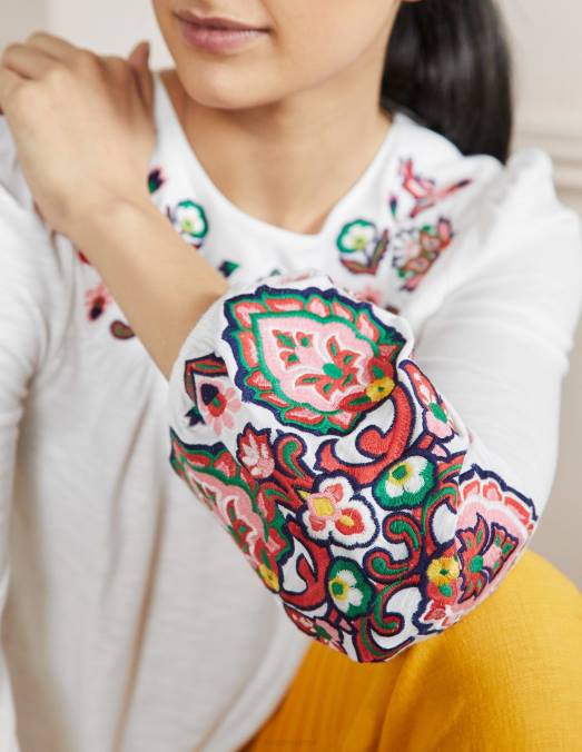 Boden vêtements blanc femmes haut blouson en jersey à broderies LB2X2050