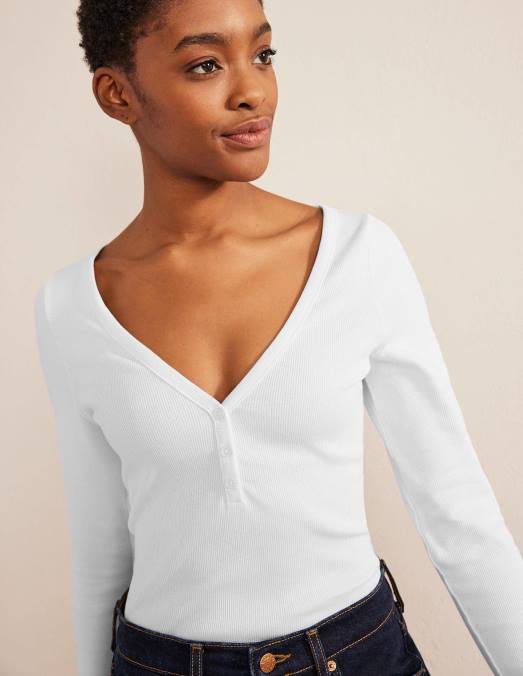Boden vêtements blanc femmes haut côtelé henley LB2X1668