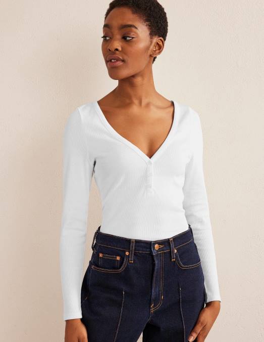 Boden vêtements blanc femmes haut côtelé henley LB2X1668