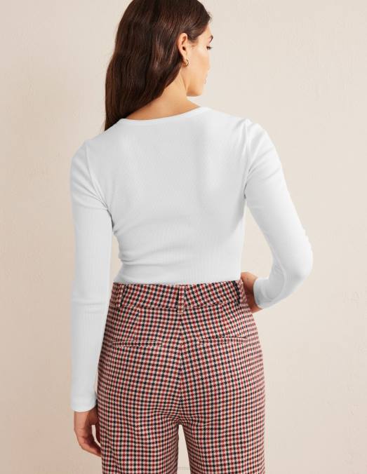 Boden vêtements blanc femmes haut côtelé à manches longues en coton LB2X175