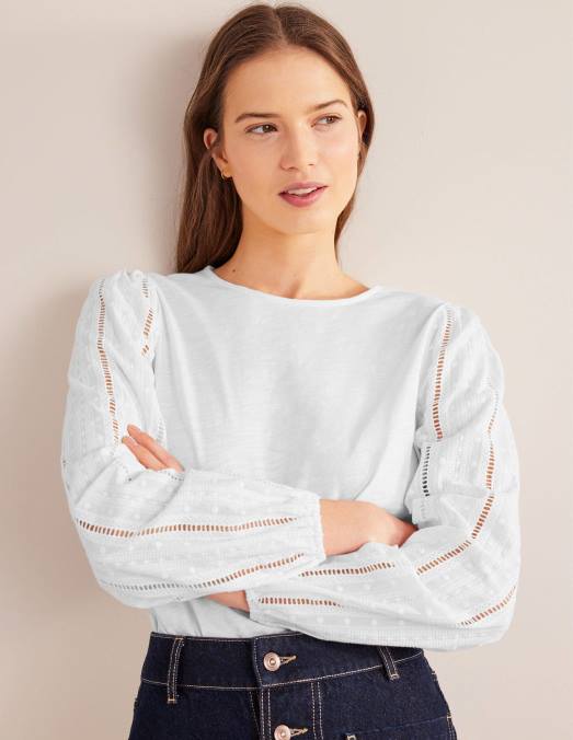 Boden vêtements blanc femmes haut à col rond et manches brodées LB2X2192