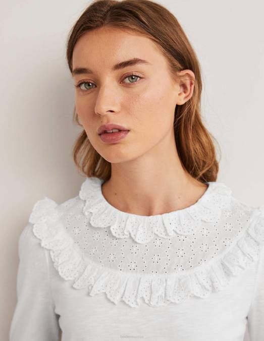 Boden vêtements blanc femmes haut à empiècement brodé et volants LB2X2174
